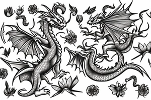 A dragon flying in a field of flowers tattoo idea