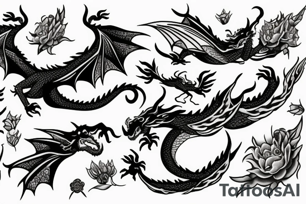 A dragon flying in a field of flowers tattoo idea