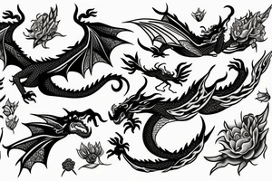 A dragon flying in a field of flowers tattoo idea