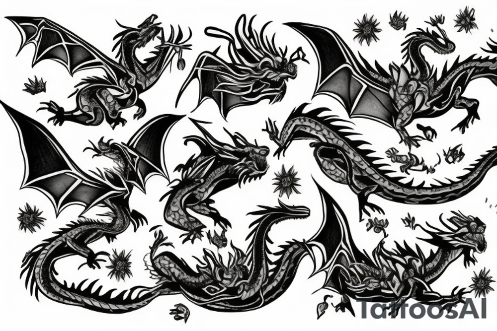 A dragon flying in a field of flowers tattoo idea