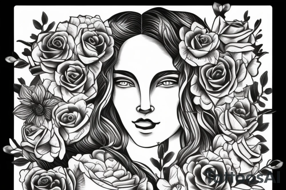 bust of a sculpture of a girl with a background of flowers tattoo idea