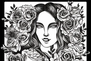 bust of a sculpture of a girl with a background of flowers tattoo idea