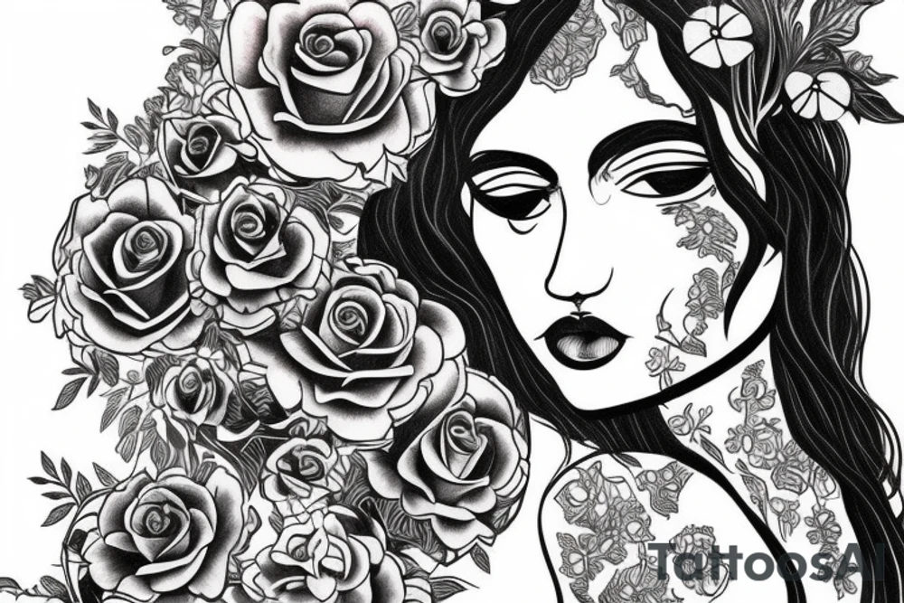 bust of a sculpture of a girl with a background of flowers tattoo idea