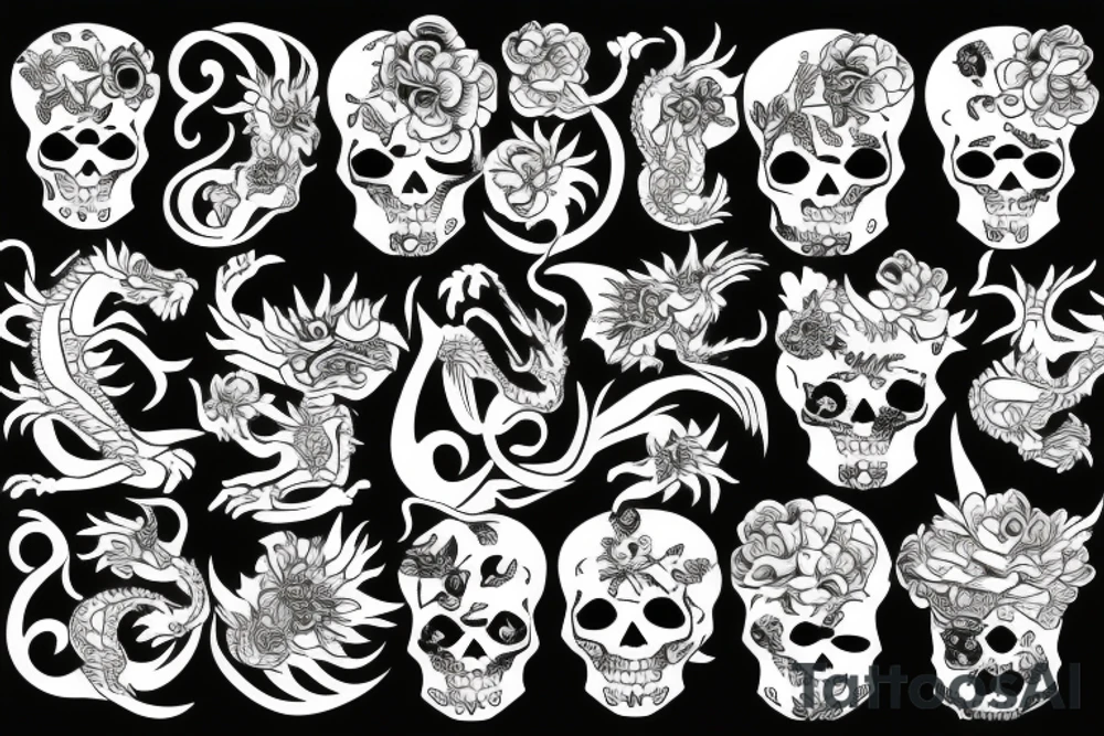 skeleton dragon with flowers tattoo idea