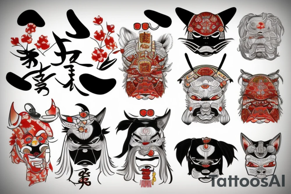 Traditional japanise tattoo, samurai, mask, dog tattoo idea