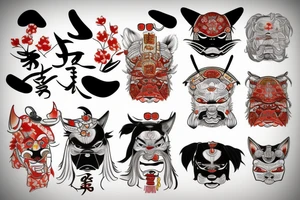 Traditional japanise tattoo, samurai, mask, dog tattoo idea