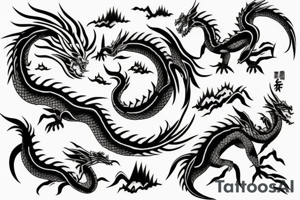 sunset dragon mountain Japanese tattoo idea