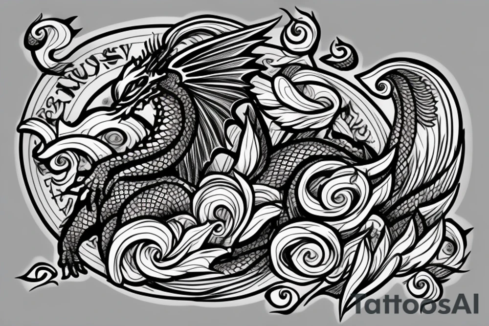 Round dragon with two wings and roses tattoo idea