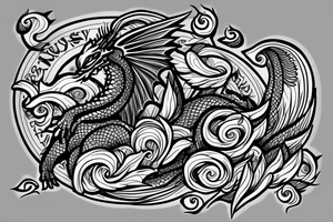 Round dragon with two wings and roses tattoo idea