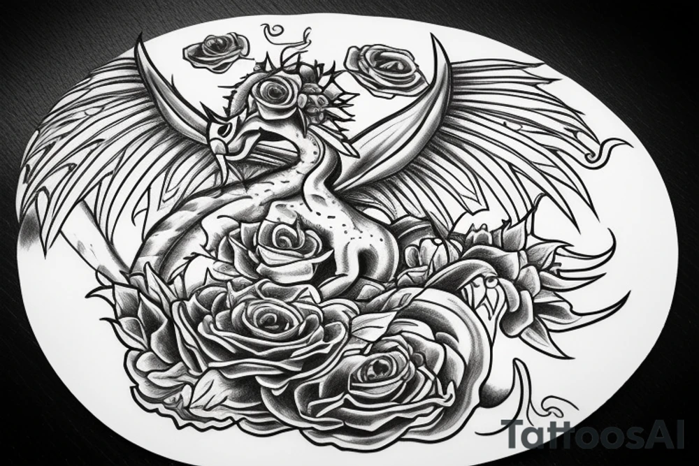 Round dragon with two wings and roses tattoo idea