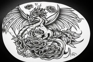 Round dragon with two wings and roses tattoo idea