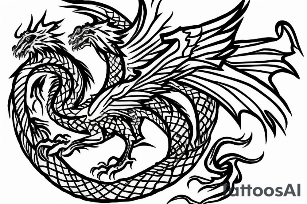 Round dragon with two wings and roses tattoo idea