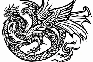 Round dragon with two wings and roses tattoo idea