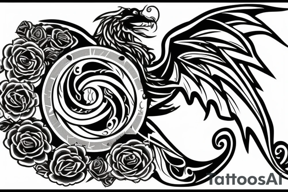 Round dragon with two wings and roses tattoo idea