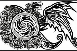 Round dragon with two wings and roses tattoo idea