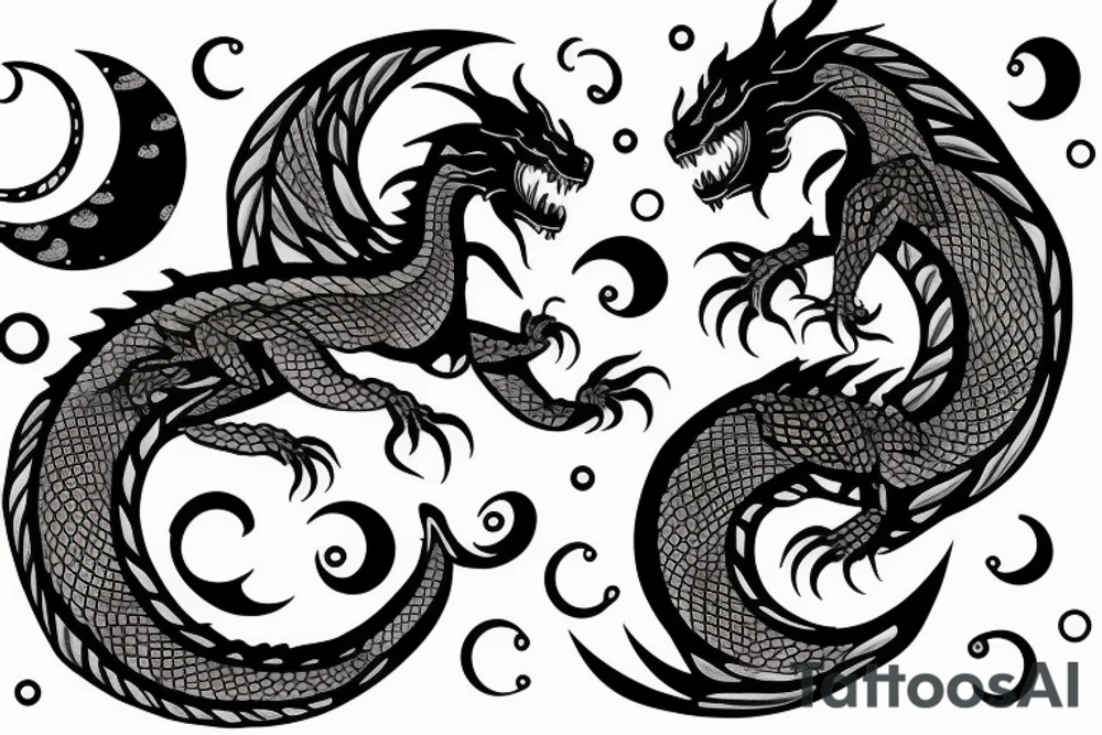 two dragon with moon and lotos tattoo idea