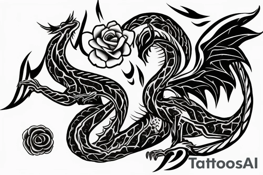 Round thin dragon with two wings and roses tattoo idea