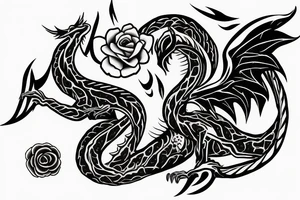 Round thin dragon with two wings and roses tattoo idea