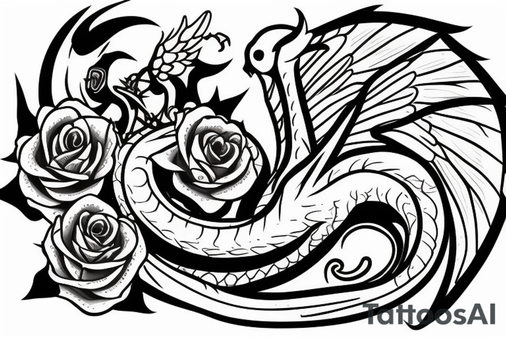 Round thin dragon with two wings and roses tattoo idea