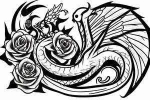 Round thin dragon with two wings and roses tattoo idea