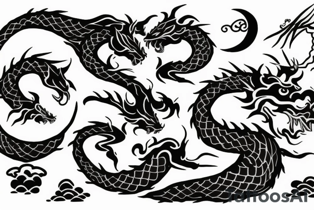 two dragon with moon and lotus tattoo idea