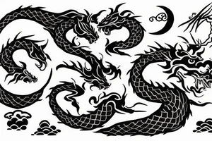 two dragon with moon and lotus tattoo idea