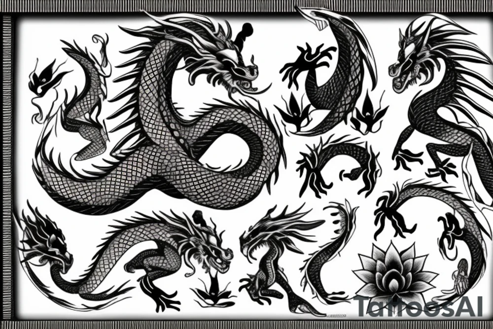 two dragon with moon and lotus tattoo idea