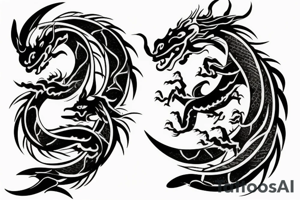 two dragon with moon and lotus tattoo idea