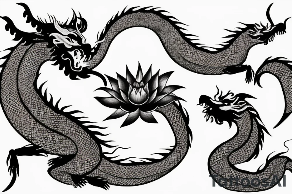 two dragon with moon and lotus tattoo idea