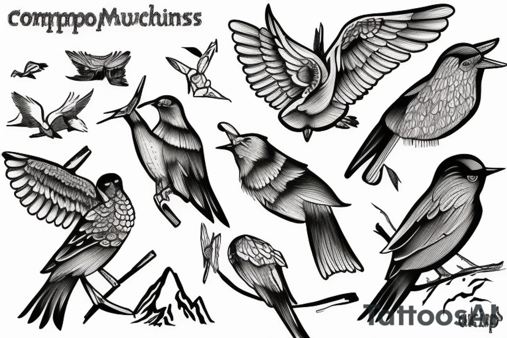 compas mountains birds lake tattoo idea