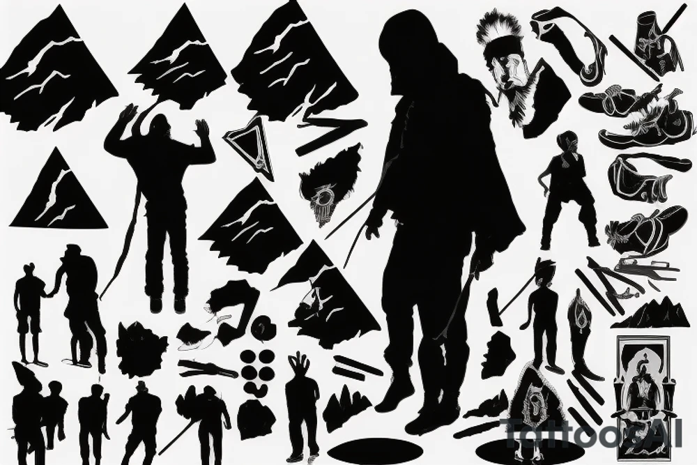silhouette of a man standing on a mountain with a black flag made of black smoke tattoo idea