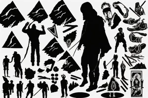 silhouette of a man standing on a mountain with a black flag made of black smoke tattoo idea