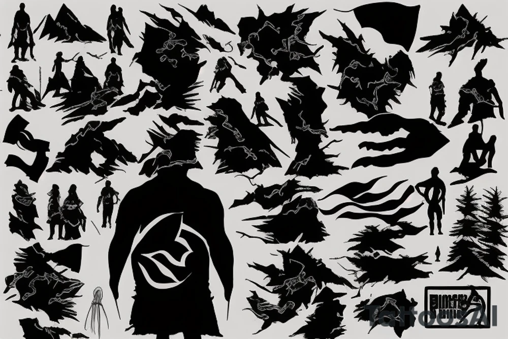 silhouette of a man standing on a mountain with a black flag made of black smoke tattoo idea