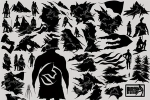 silhouette of a man standing on a mountain with a black flag made of black smoke tattoo idea
