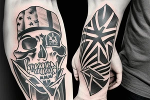man standing with a black flag made of black smoke tattoo idea