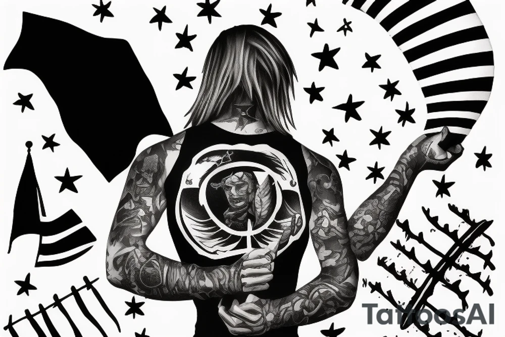 man standing with a black flag made of black smoke tattoo idea