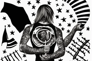 man standing with a black flag made of black smoke tattoo idea