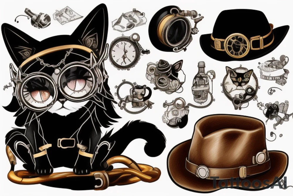 Black cat in steampunk style with goggles and hat tattoo idea