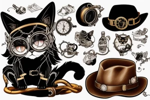 Black cat in steampunk style with goggles and hat tattoo idea