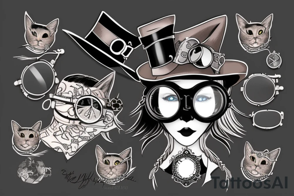 Black cat in steampunk style with goggles and hat tattoo idea