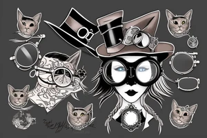 Black cat in steampunk style with goggles and hat tattoo idea