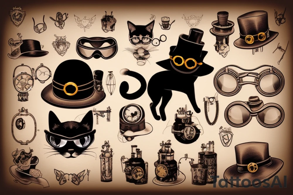 Black cat in steampunk style with goggles and hat tattoo idea