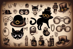 Black cat in steampunk style with goggles and hat tattoo idea