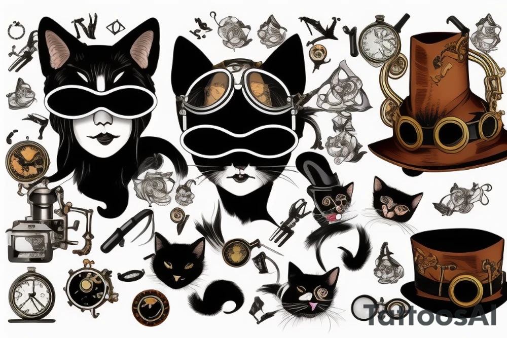 Black cat in steampunk style with goggles and hat tattoo idea