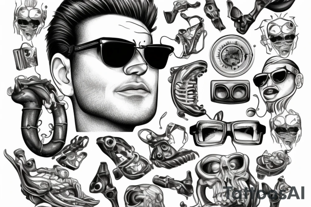 Guy in sun glasses with crossed arms sitting in the room in a light from various lightsources tattoo idea