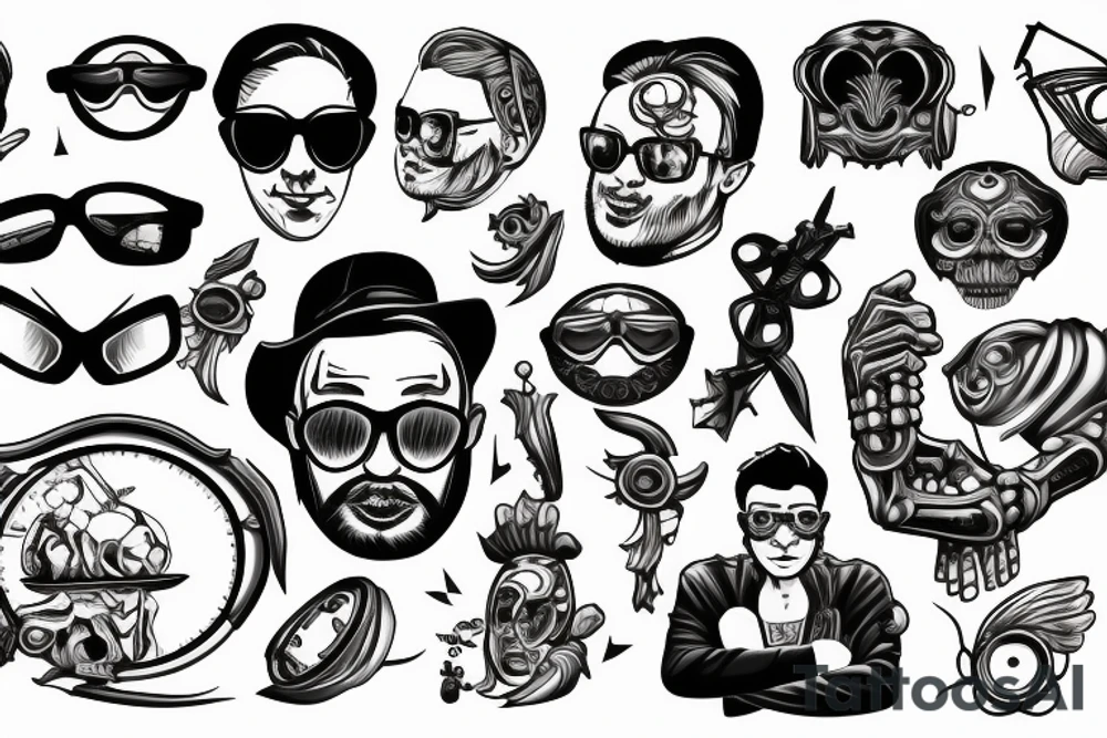 Guy in sun glasses with crossed arms sitting in the room in a light from various lightsources tattoo idea