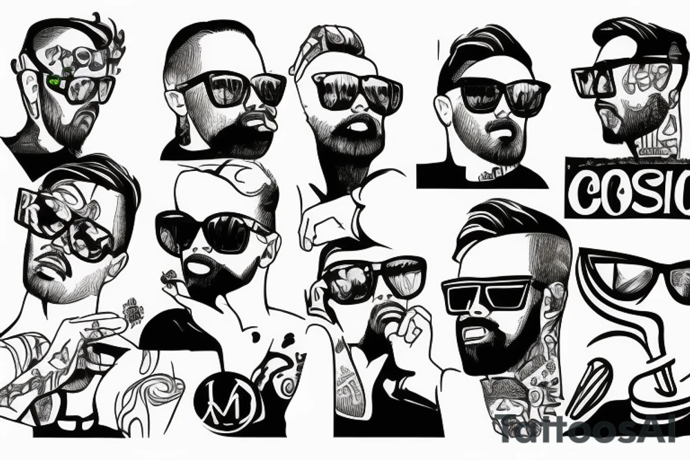 Guy in sun glasses with crossed arms sitting in the room in a light from various lightsources tattoo idea