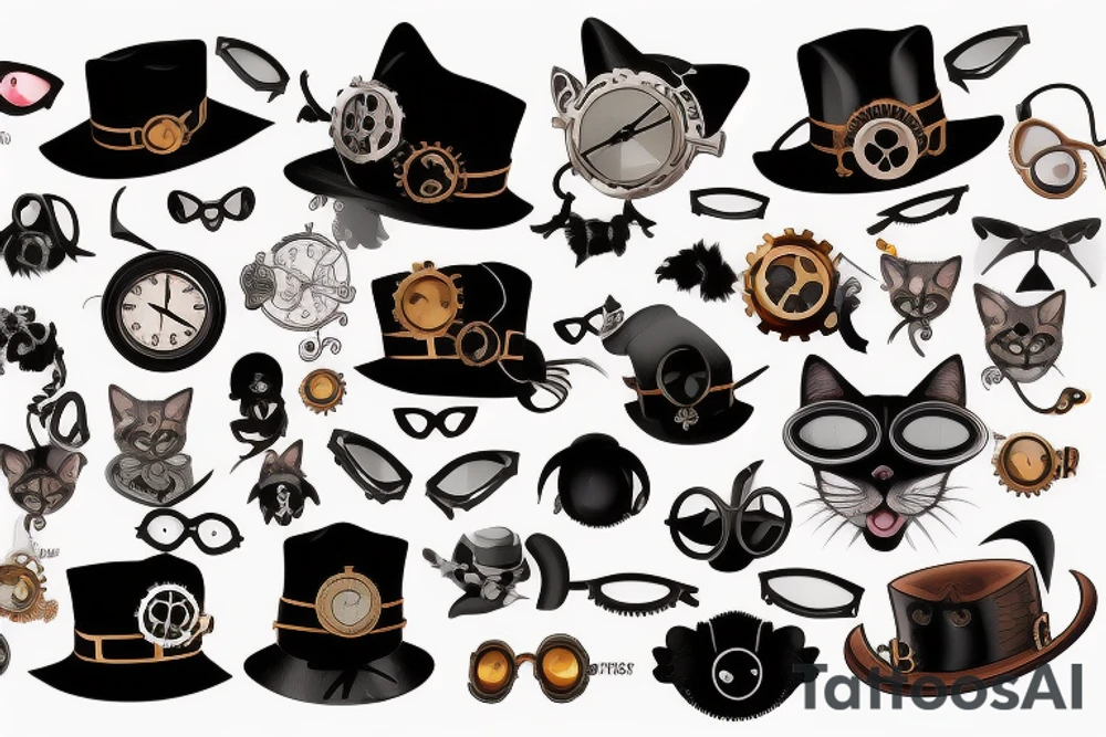 Black cat with goggles and hat in steampunk style tattoo idea