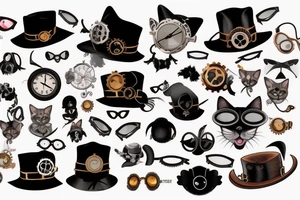 Black cat with goggles and hat in steampunk style tattoo idea
