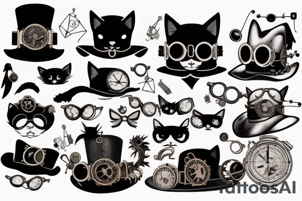Black cat with goggles and hat in steampunk style tattoo idea
